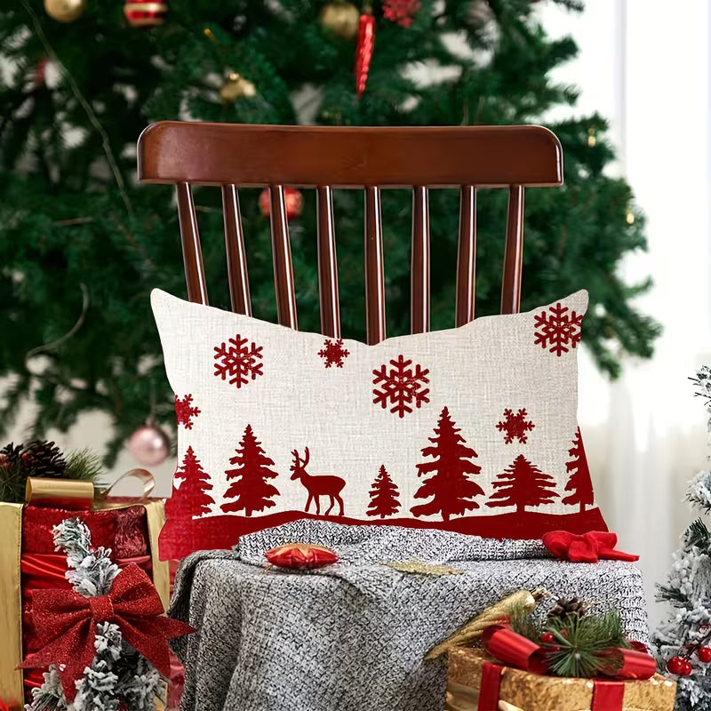 BYFT Festive Christmas Pillow Covers 2pcs - Red Snowflake, Reindeer & Snowman Design, Winter Farmhouse Home Decor, Zippered, Machine Washable, Polyester, Ideal for Holiday Living Room or Bedroom, Christmas Decorations