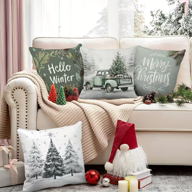 BYFT Christmas Themed Pillow Covers | 18*18 Inches Set of 04pcs with Vintage Truck, "Merry Christmas" and "Hello Winter" Designs, Snowy Tree Patterns, Polyester, Machine Washable