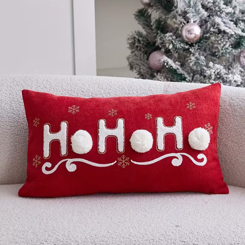 BYFT "HOHOHO" Christmas Pillowcase 50 x 30 cm, Decorative Pillow Cover with 3 Hand-Sewn Pom-Poms, Christmas Warm Home Sofa Decor Throw Pillow Cover, Ideal Holiday Gift, Insert Not Included