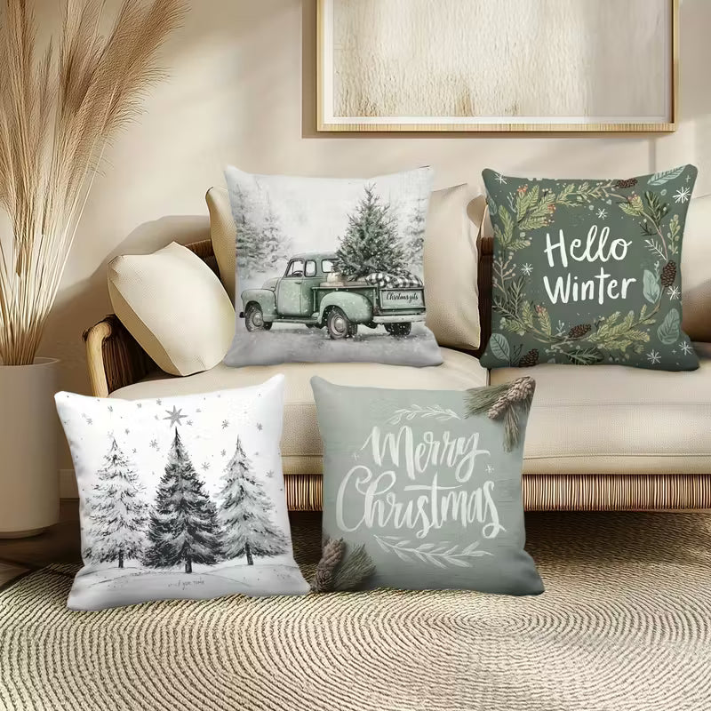 BYFT Christmas Themed Pillow Covers | 18*18 Inches Set of 04pcs with Vintage Truck, "Merry Christmas" and "Hello Winter" Designs, Snowy Tree Patterns, Polyester, Machine Washable