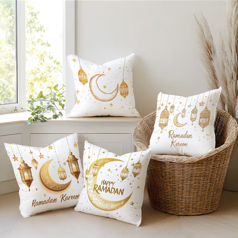BYFT Golden Ramadan Lantern and Moon Pattern Pillow Covers 45 x 45 Cm, Polyester, Set of 04 Pcs