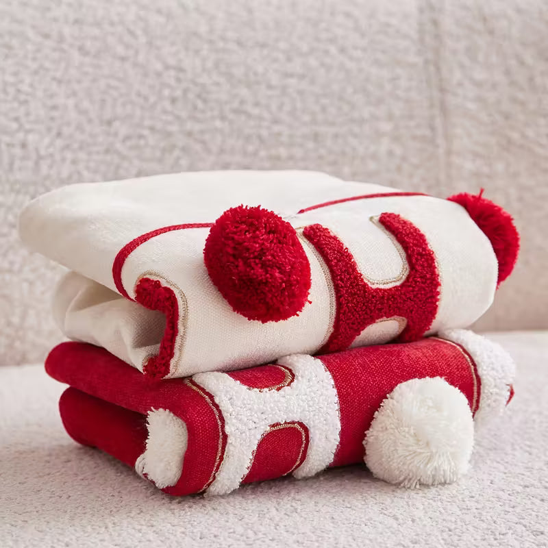 BYFT "HOHOHO" Christmas Pillowcase 50 x 30 cm, Decorative Pillow Cover with 3 Hand-Sewn Pom-Poms, Christmas Warm Home Sofa Decor Throw Pillow Cover, Ideal Holiday Gift, Insert Not Included