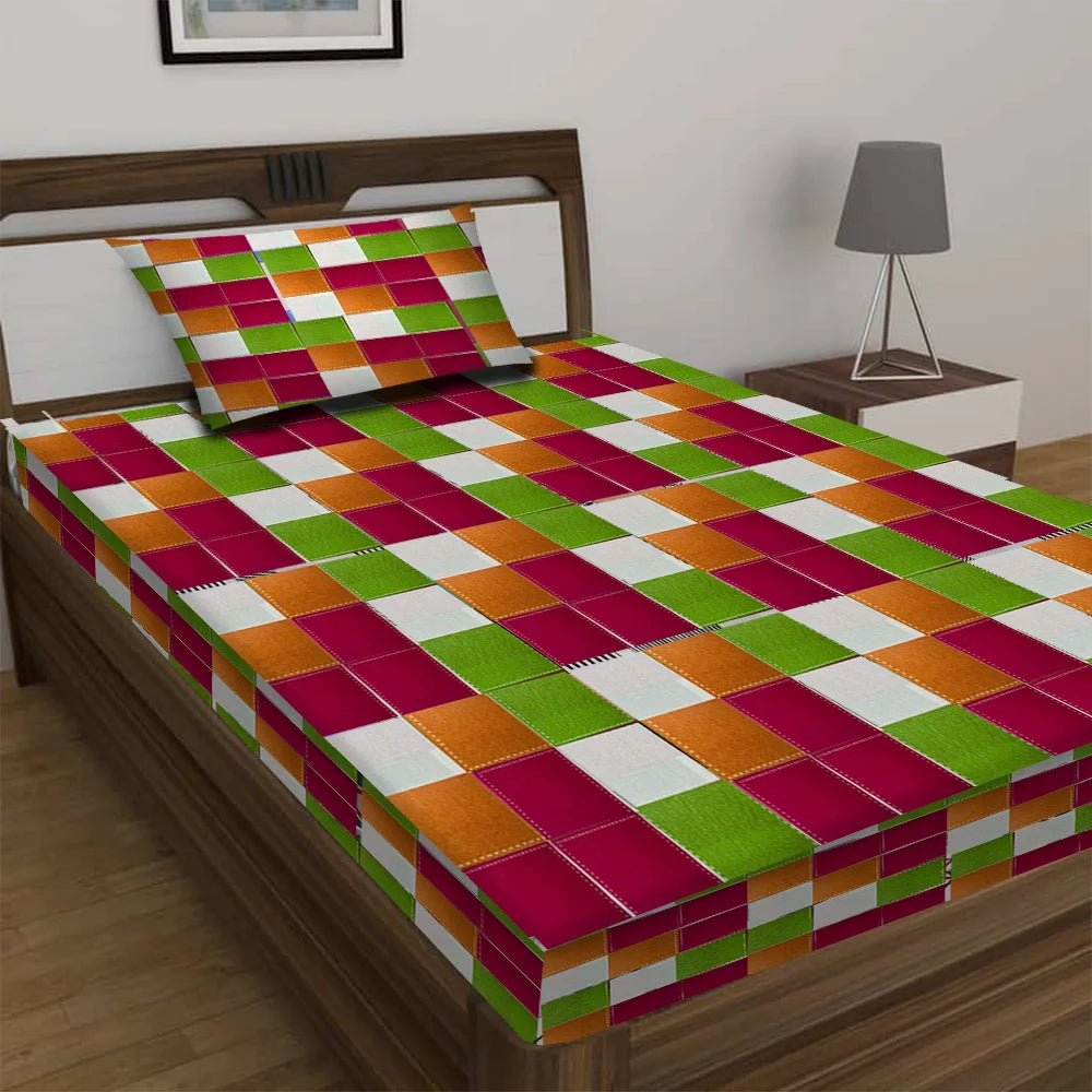 BYFT Orchard Luxury - Rainbow Checkered Bed Sheet (150 x 230 Cm) with Pillow Case (50 x 75 Cm)| Polycotton, 144 TC, Soft & Luxurious Bed Linen