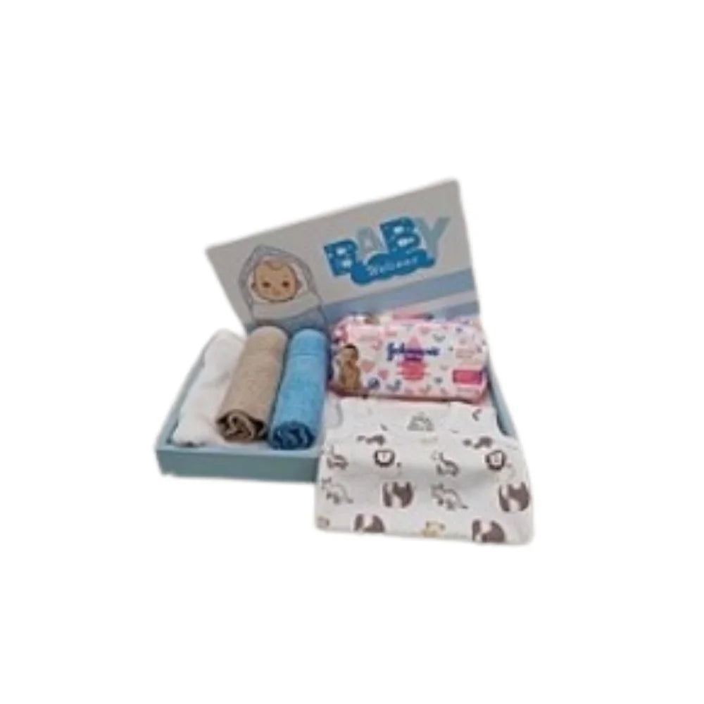 BYFT Baby Boy Welcome Hamper Flat Tray | Cotton Towels, Baby Romper & Essentials Gift Set