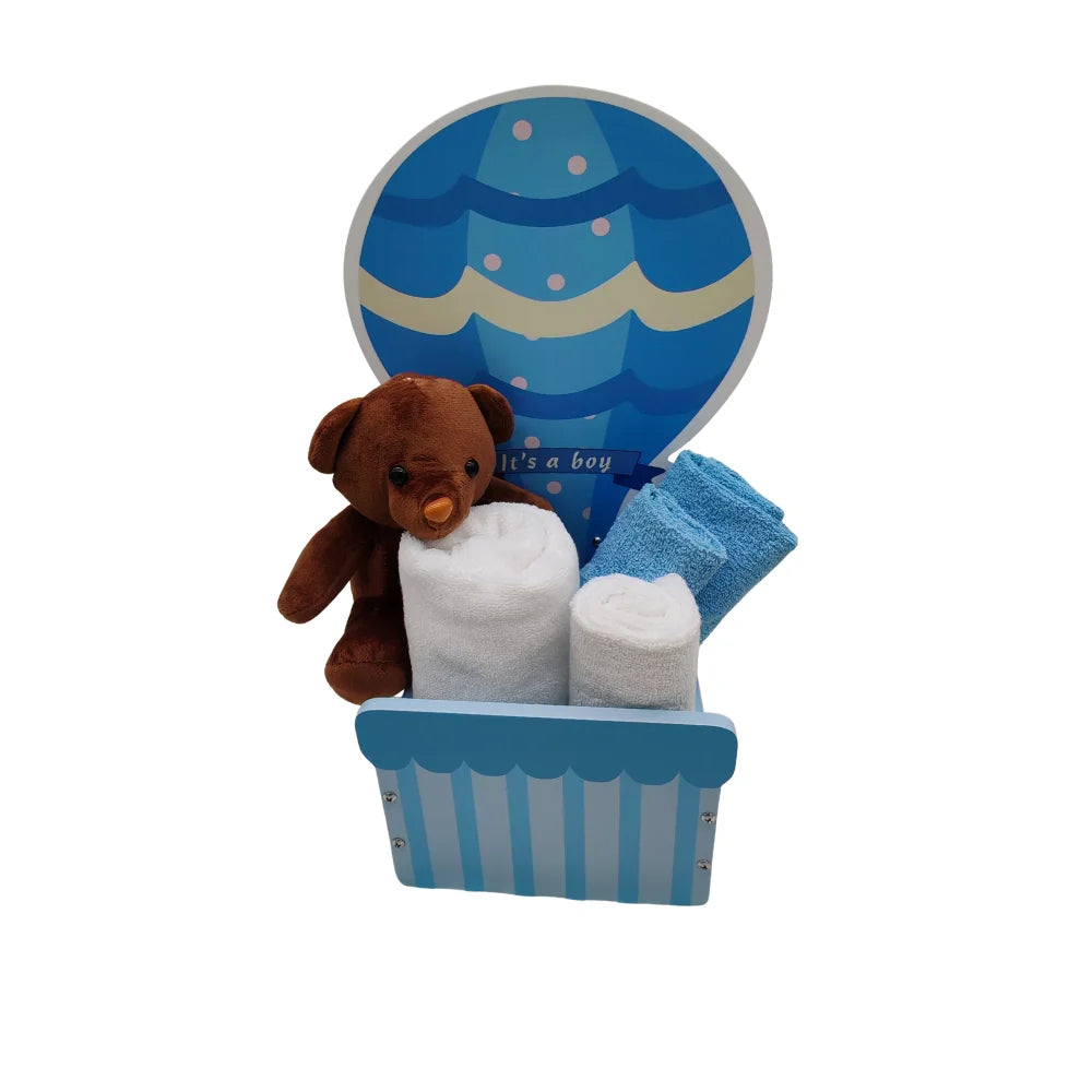BYFT Baby Boy Welcome Hamper Balloon Tray | Cotton Towels, Teddy Bear & Baby Care Essentials