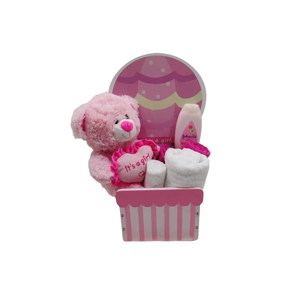 BYFT Baby Girl Welcome Hamper Balloon Tray | Cotton Towels, Teddy Bear & Baby Care Essentials