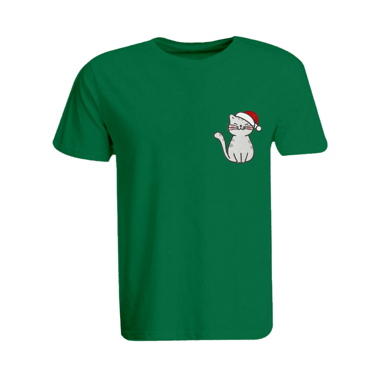 BYFT008837 BYFT Super Round Neck T Shirt Green Embroidery Cat with Christmas Cap Set of 1