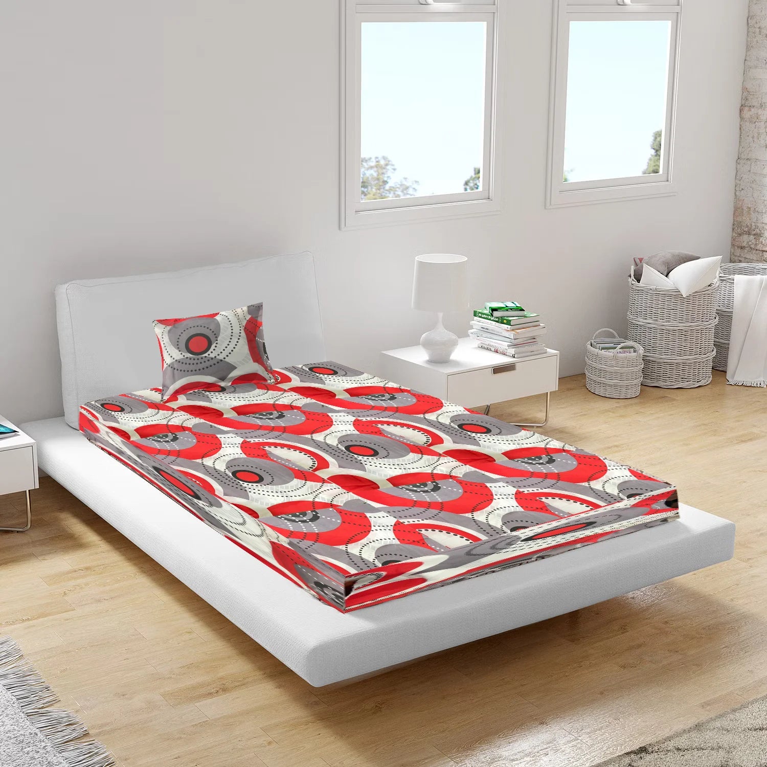 BYFT Orchard Comfort - White With Red Circular Geometric Pattern Bed Sheet (150 x 230 Cm) with Pillow Case (50 x 75 Cm)| Microfiber, 65 Gsm, Soft & Luxurious Bed Linen