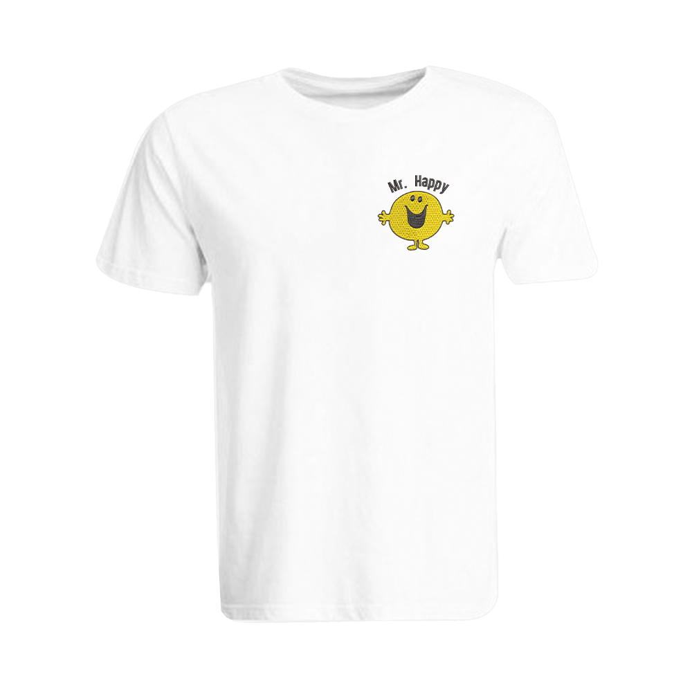 BYFT009128 BYFT Embroidered For You Cotton Male Round Neck White T Shirts Mr. Happy Design Set of 1