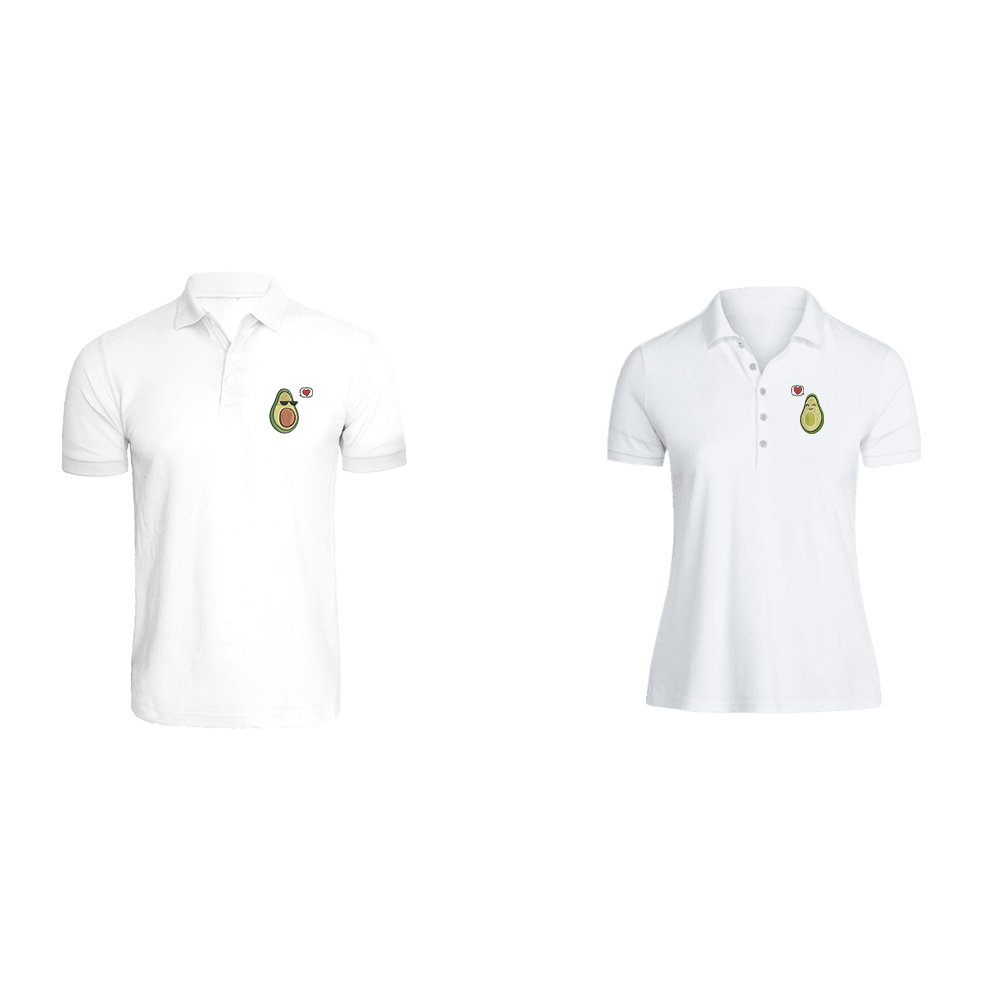 BYFT009181 BYFT Embroidered For You Cotton Couple Polo Neck White T Shirts Avacado Design Set of 2