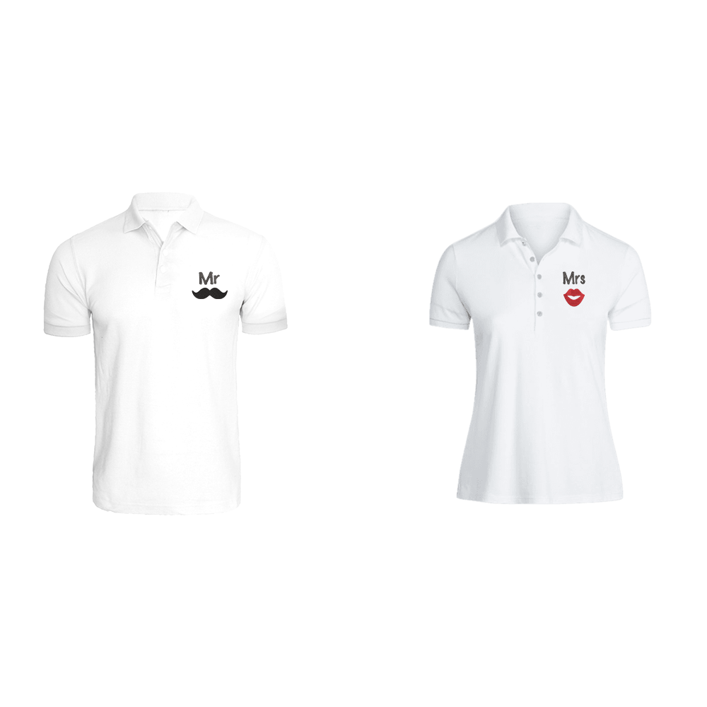 BYFT009187 BYFT Embroidered For You Cotton Couple Polo Neck White T Shirts Mr. Moustache Mrs. Lips Design Set of 2