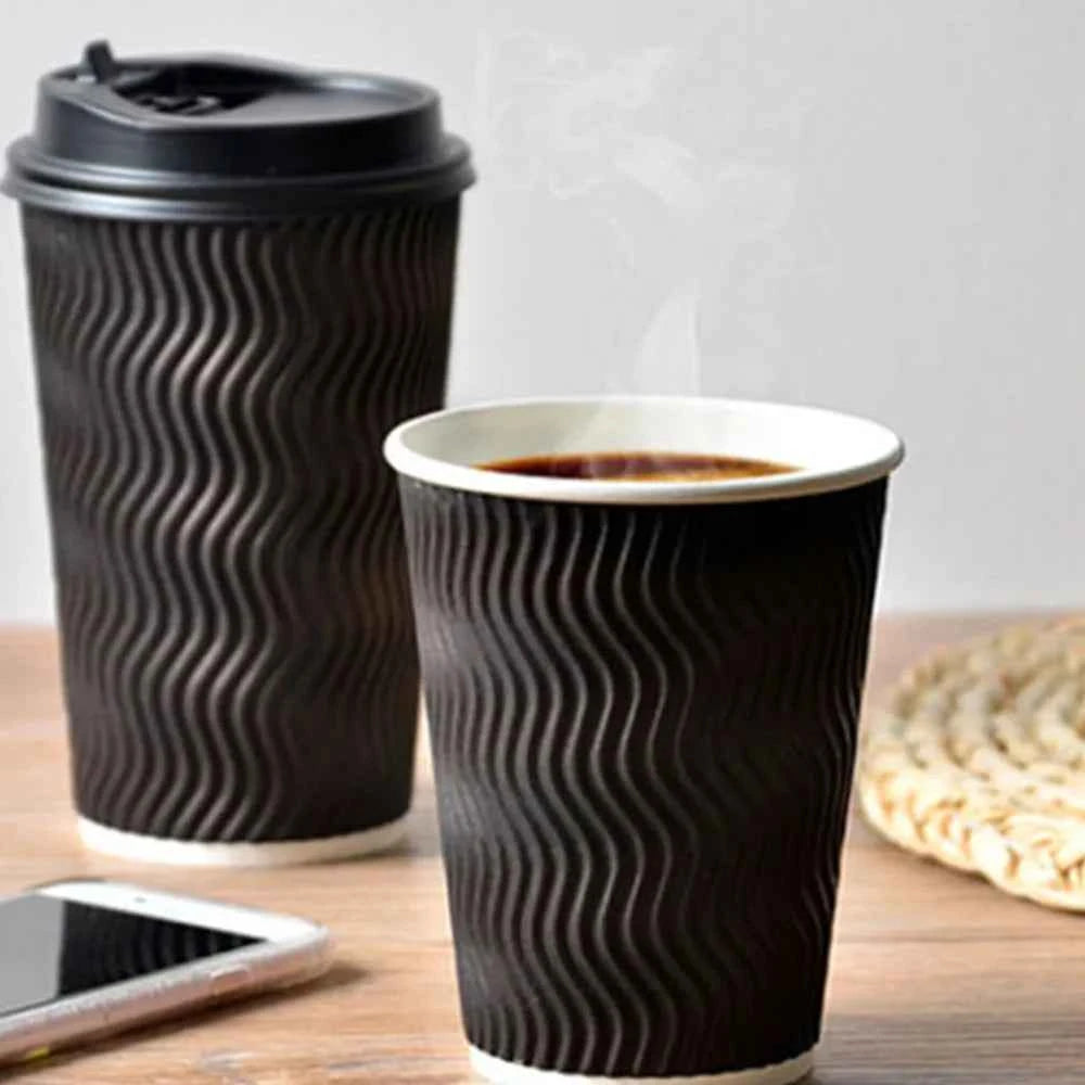 BYFT Zig-Zag Ripple Wall Paper Cup with Plastic Lid