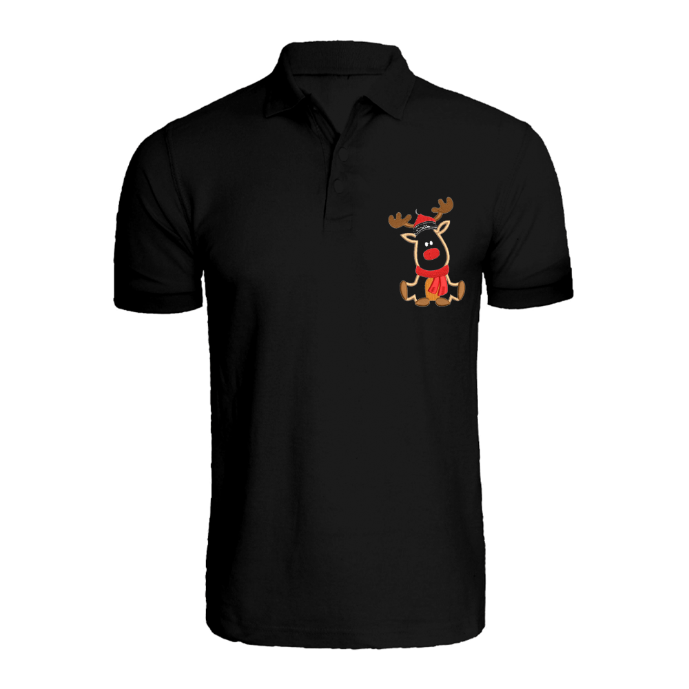 BYFT009652 BYFT Polo Neck T Shirt Embroidery Black Medium 220 GSM Cotton Reindeer With Christmas Cap Set of 1