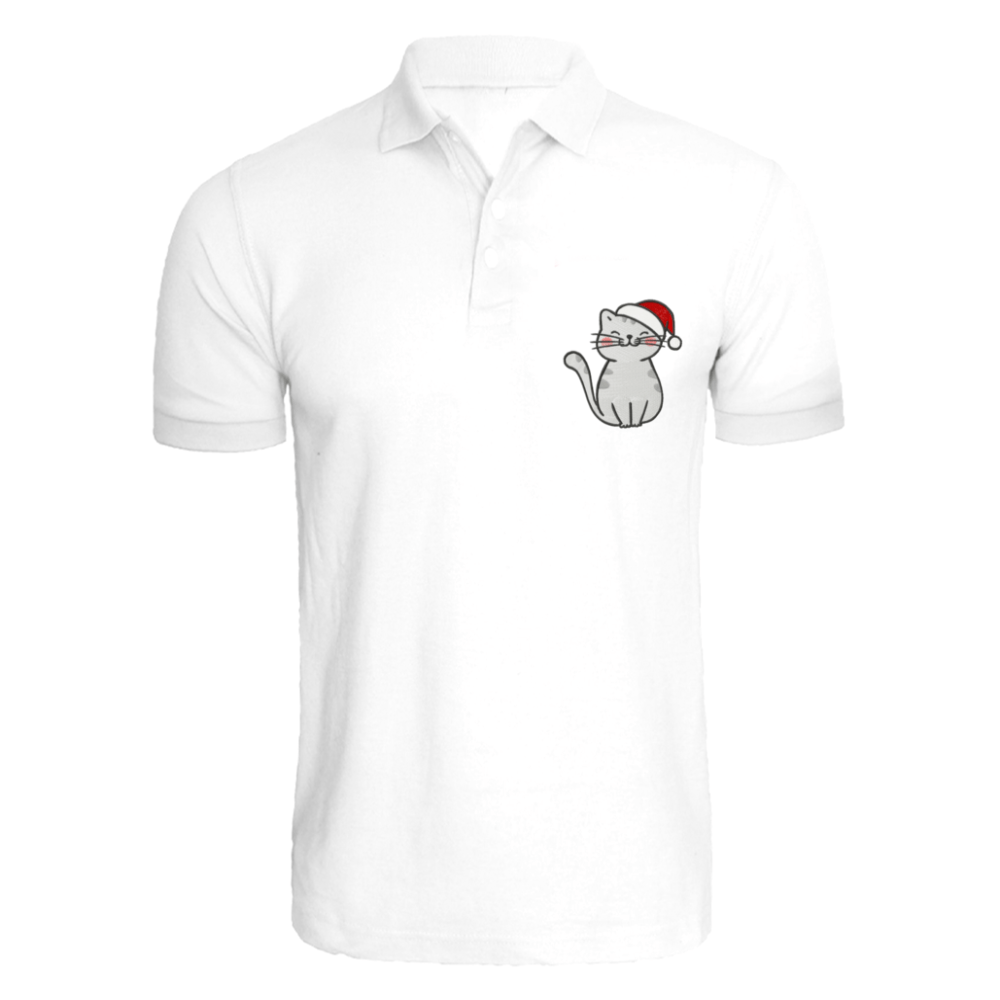 BYFT009665 BYFT Polo Neck T Shirt Embroidery White Medium 220 GSM Cotton Cat with Christmas Cap Set of 1