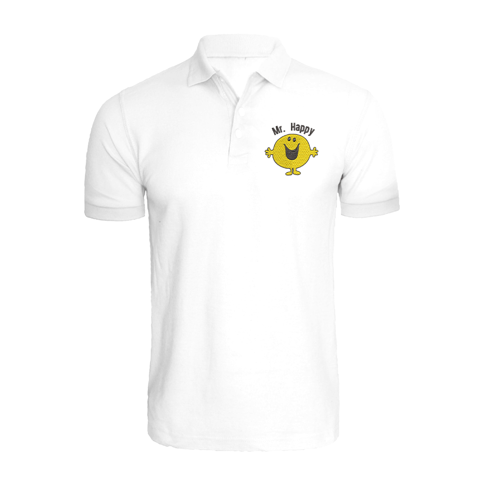 BYFT009799 BYFT Polo Neck T Shirt Embroidery White Medium 220 GSM Cotton Mr. Happy Design Set of 1