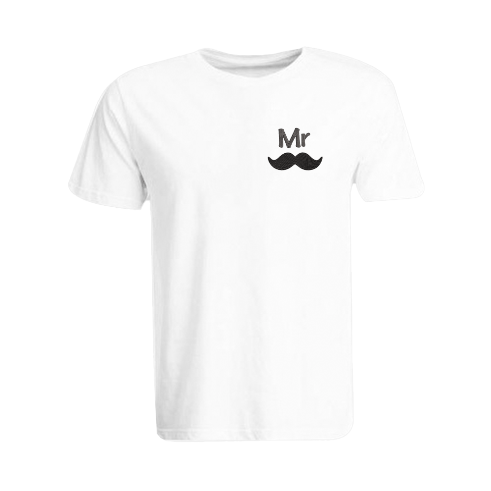 BYFT009809 BYFT Round Neck T Shirt Embroidery White Medium 190 GSM Cotton Mr. Moustache Design Set of 1