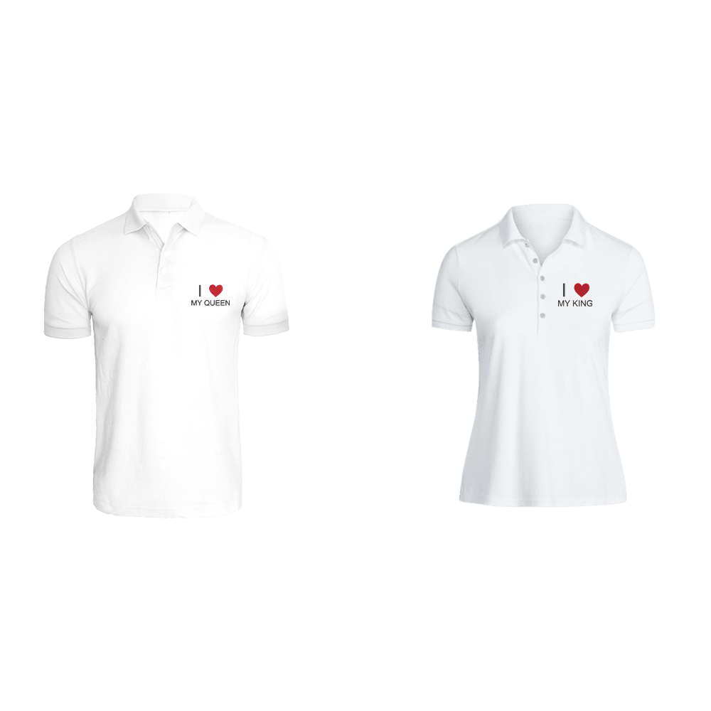 BYFT009865 BYFT Polo Neck T Shirt Embroidery White Medium 220 GSM Cotton I Love My King Queen Design Set of 2