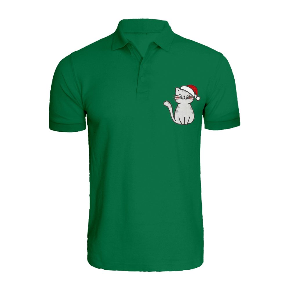 BYFT010105 BYFT Polo Neck T Shirt Embroidery Green Large 220 GSM Cotton Cat with Christmas Cap Set of 1
