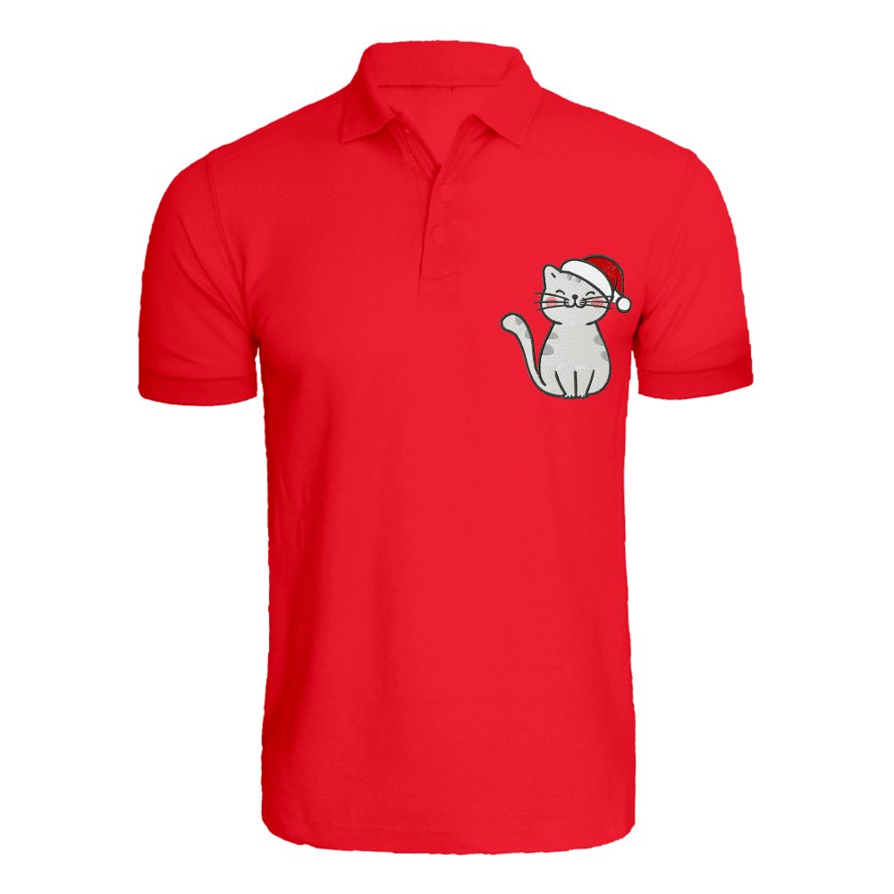 BYFT010111 BYFT Polo Neck T Shirt Embroidery Red Large 220 GSM Cotton Cat with Christmas Cap Set of 1