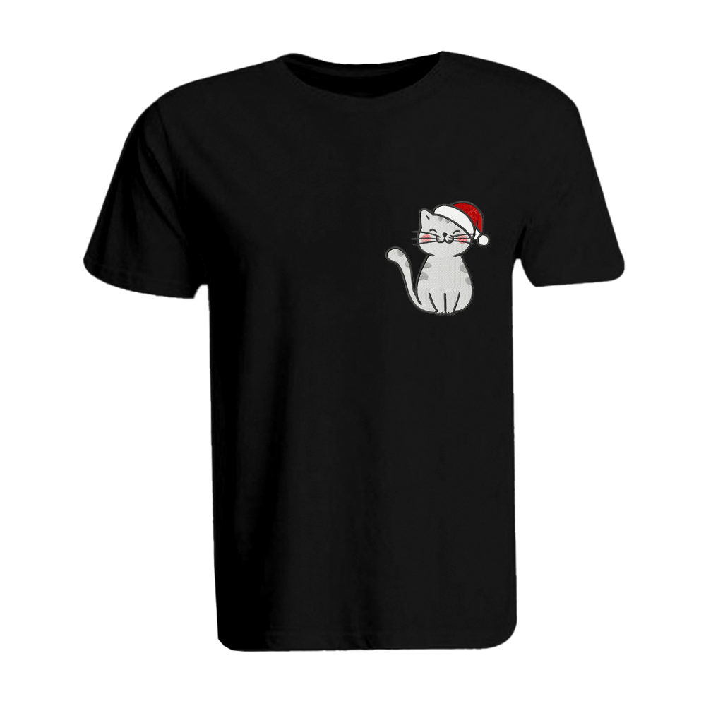 BYFT010123 BYFT Round Neck T Shirt Embroidery Black Large 190 GSM Cotton Cat with Christmas Cap Set of 1