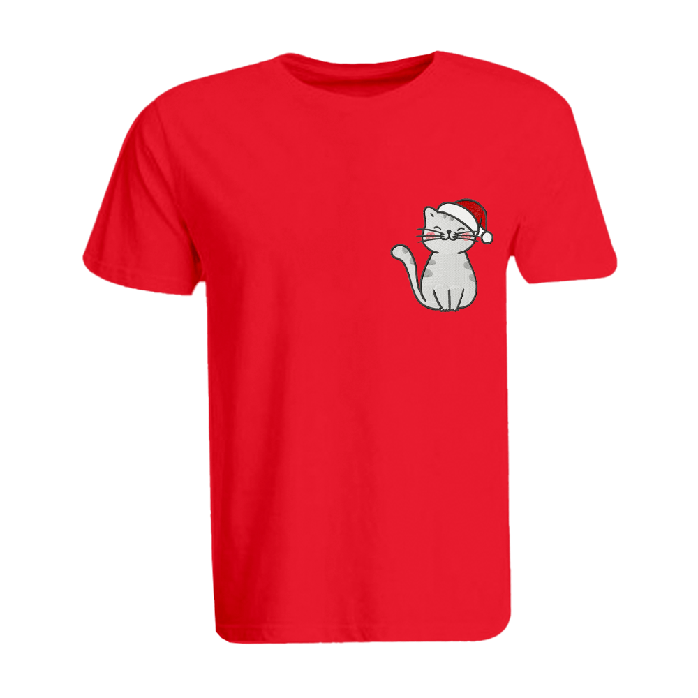 BYFT010135 BYFT Round Neck T Shirt Embroidery Red Large 190 GSM Cotton Cat with Christmas Cap Set of 1