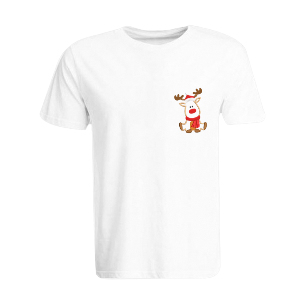 BYFT010146 BYFT Round Neck T Shirt Embroidery White Large 190 GSM Cotton Reindeer With Christmas Cap Set of 1