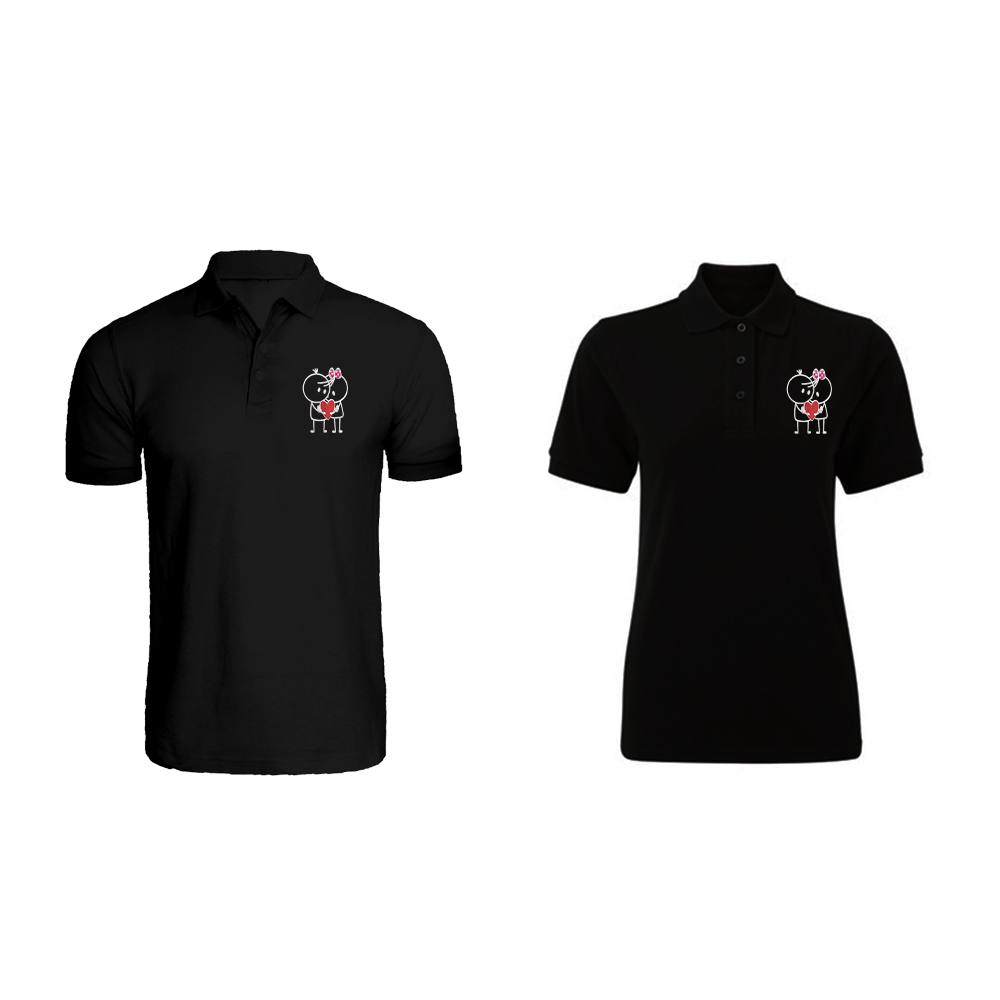 BYFT010300 BYFT Polo Neck T Shirt Embroidery Black Large 220 GSM Cotton Him Her with Heart Couple Set of 2