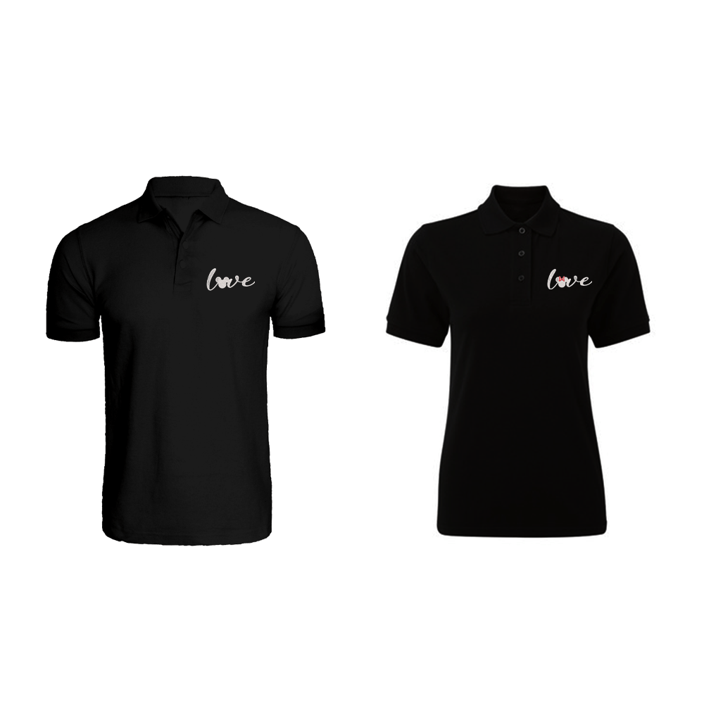 BYFT010302 BYFT Polo Neck T Shirt Embroidery Black Large 220 GSM Cotton Mickey Minnie Love Design Set of 2