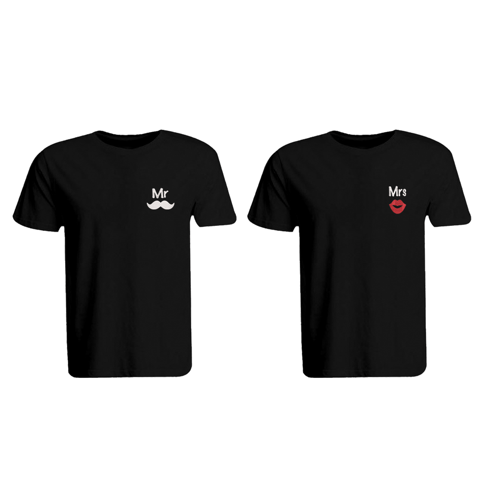 BYFT010312 BYFT Round Neck T Shirt Embroidery Black Large 190 GSM Cotton Mr. Moustache Mrs. Lips Design Set of 2