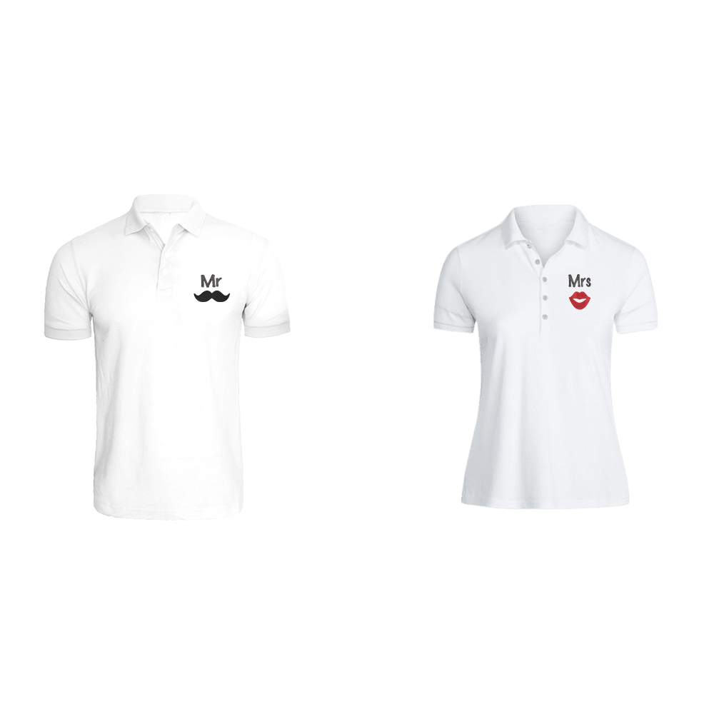 BYFT010319 BYFT Polo Neck T Shirt Embroidery White Large 220 GSM Cotton Mr. Moustache Mrs. Lips Design Set of 2