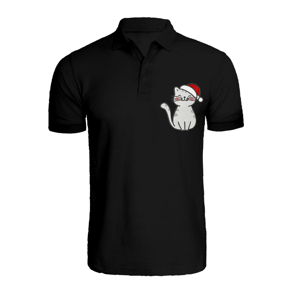 BYFT010551 BYFT Polo Neck T Shirt Embroidery Black XL 220 GSM Cotton Cat with Christmas Cap Set of 1
