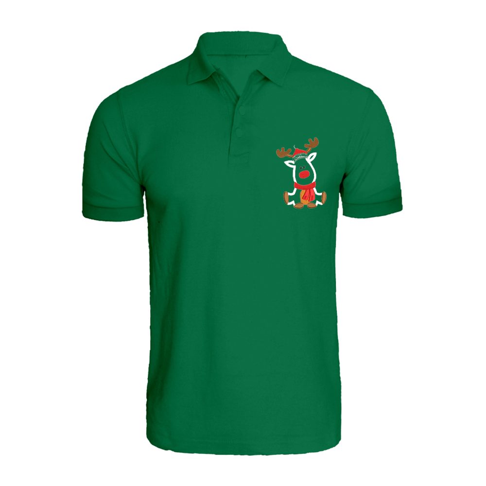 BYFT010562 BYFT Polo Neck T Shirt Embroidery Green XL 220 GSM Cotton Reindeer With Christmas Cap Set of 1