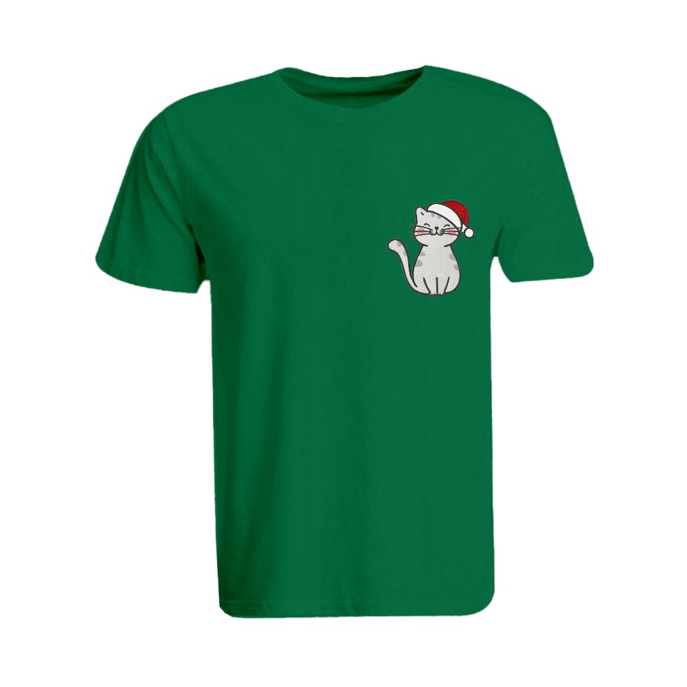 BYFT010581 BYFT Round Neck T Shirt Embroidery Green XL 190 GSM Cotton Cat with Christmas Cap Set of 1