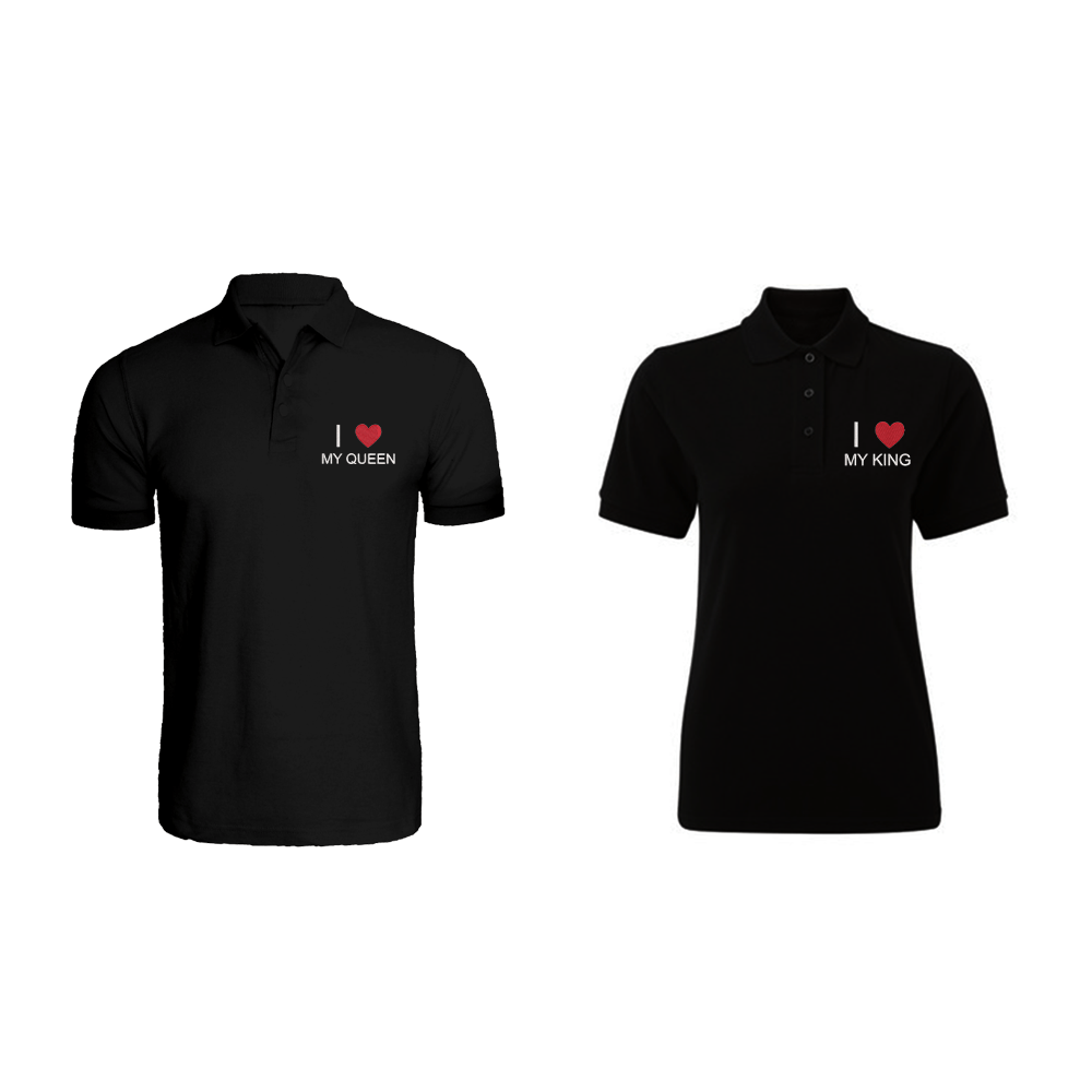 BYFT010755 BYFT Polo Neck T Shirt Embroidery Black XL 220 GSM Cotton I Love My King Queen Design Set of 2