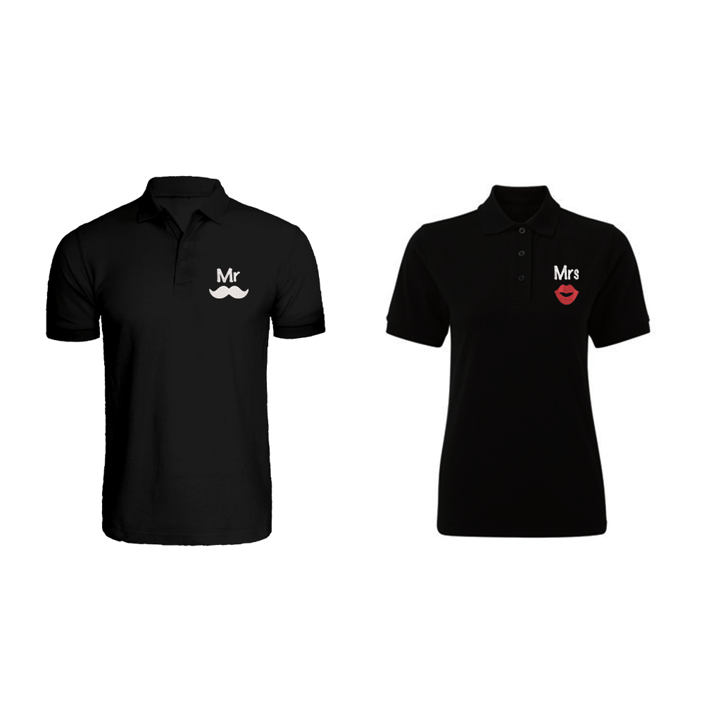 BYFT010757 BYFT Polo Neck T Shirt Embroidery Black XL 220 GSM Cotton Mr. Moustache Mrs. Lips Design Set of 2