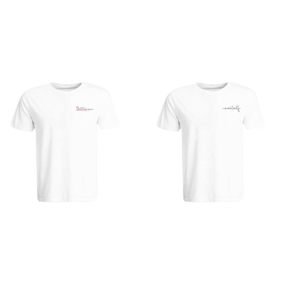 BYFT010777 BYFT Round Neck T Shirt Embroidery White XL 190 GSM Cotton Better Half Design Set of 2