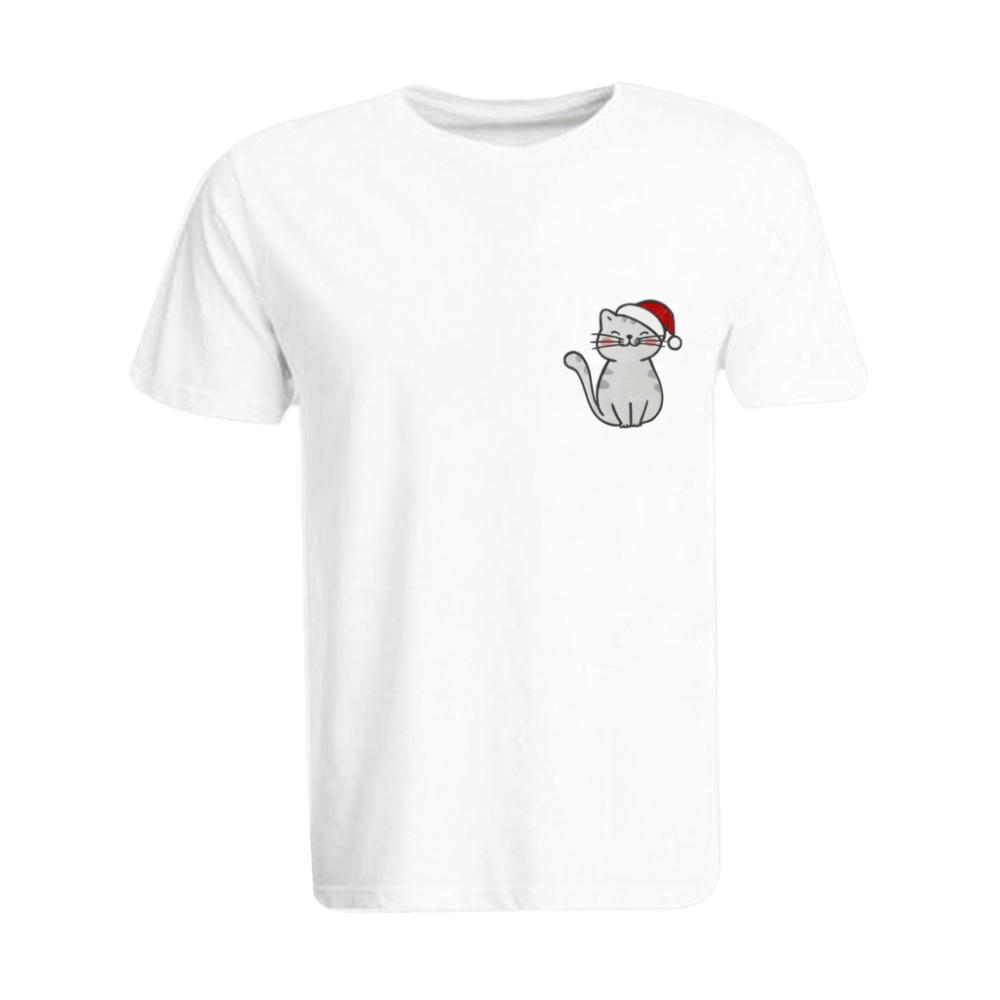BYFT011045 BYFT Round Neck T Shirt Embroidery White XXL 190 GSM Cotton Cat with Christmas Cap Set of 1