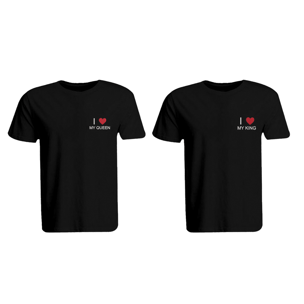 BYFT011214 BYFT Round Neck T Shirt Embroidery Black XXL 190 GSM Cotton I Love My King Queen Design Set of 2