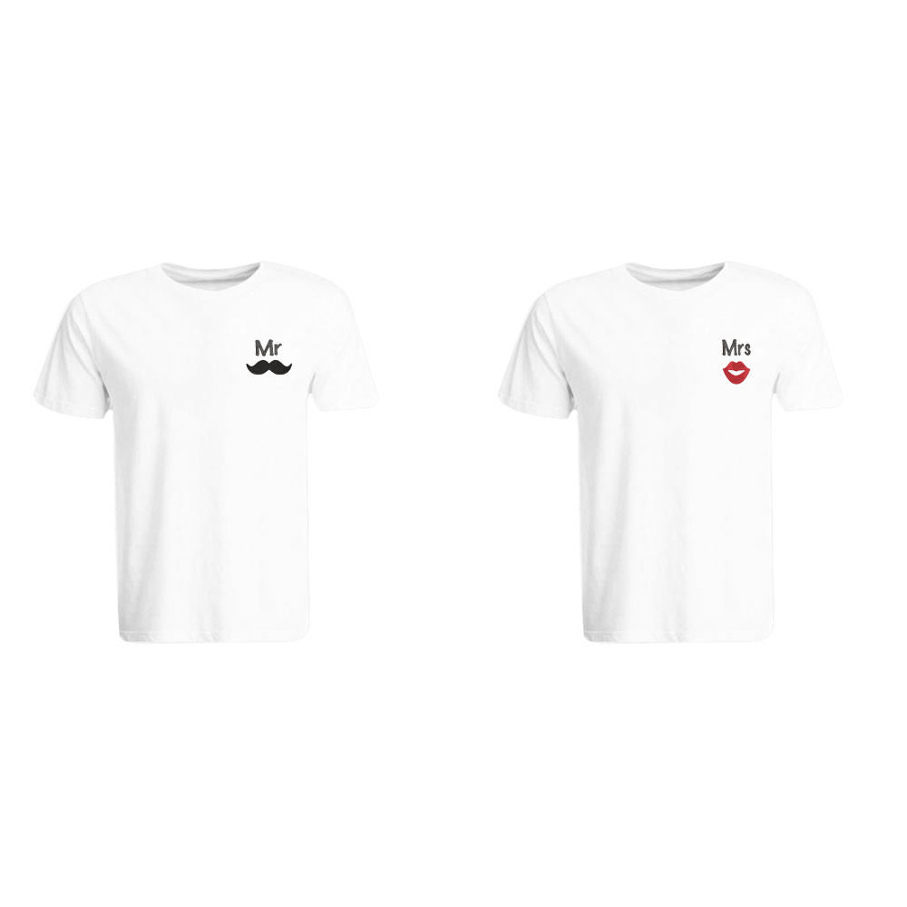 BYFT011230 BYFT Round Neck T Shirt Embroidery White XXL 190 GSM Cotton Mr. Moustache Mrs. Lips Design Set of 2