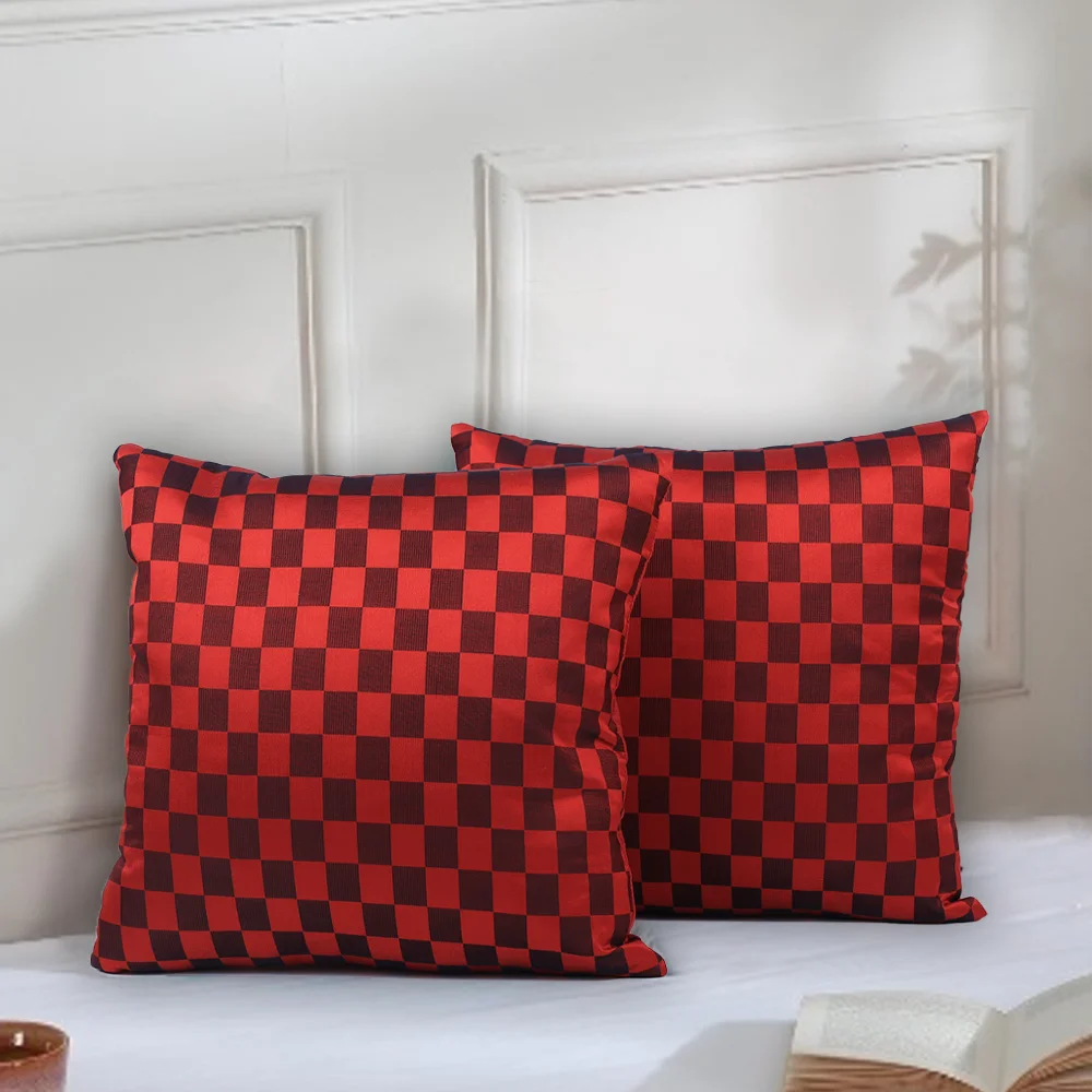 BYFT Orchard Cushion Cover 40 x 40 cm (Checkered Red & Black) 16 x 16 inch Luxury Decorative Cushion Cover for Sofa, Bed & Living Room - Set of 02