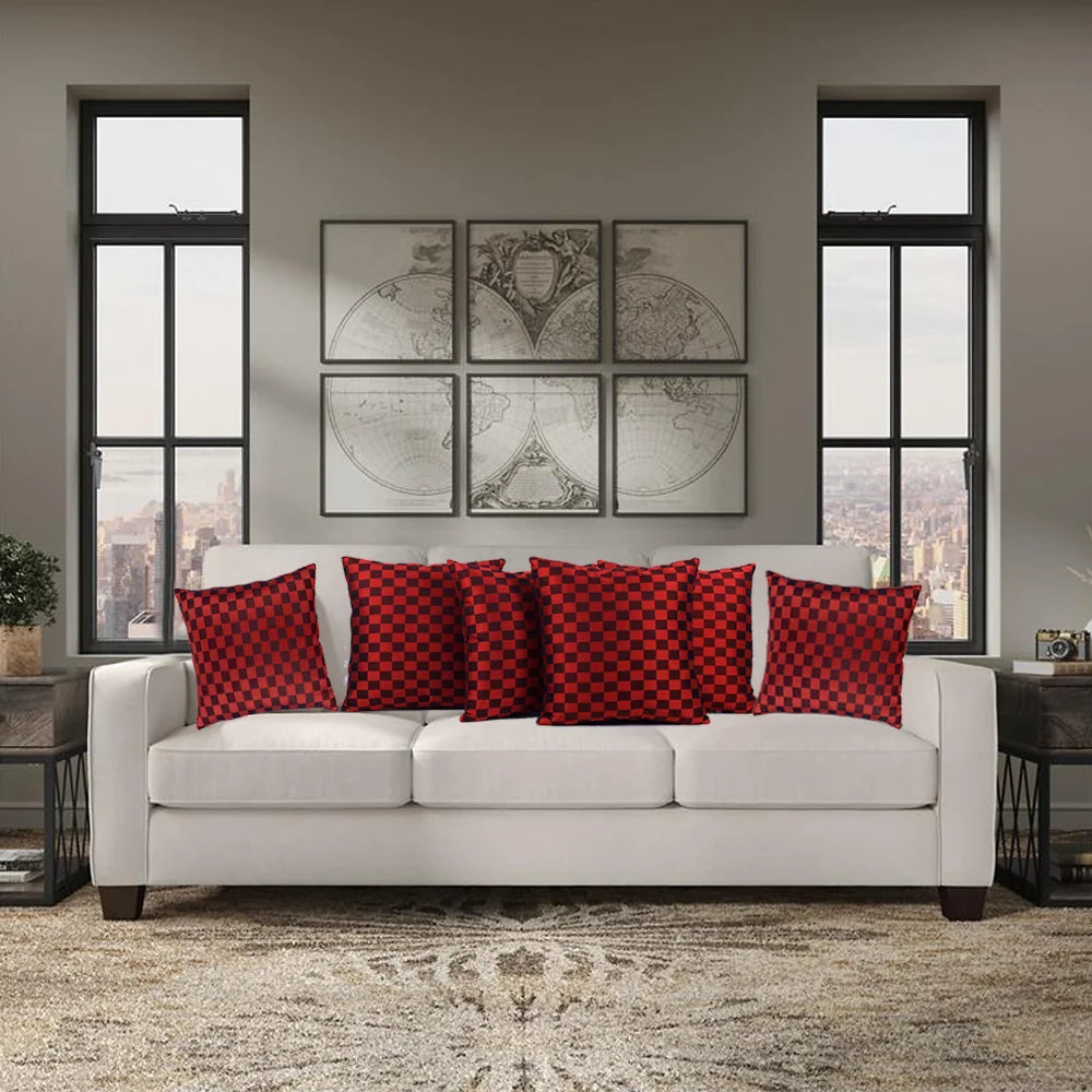 BYFT Orchard Cushion Cover 40 x 40 cm (Checkered Red & Black) 16 x 16 inch Luxury Decorative Cushion Cover for Sofa, Bed & Living Room - Set of 02
