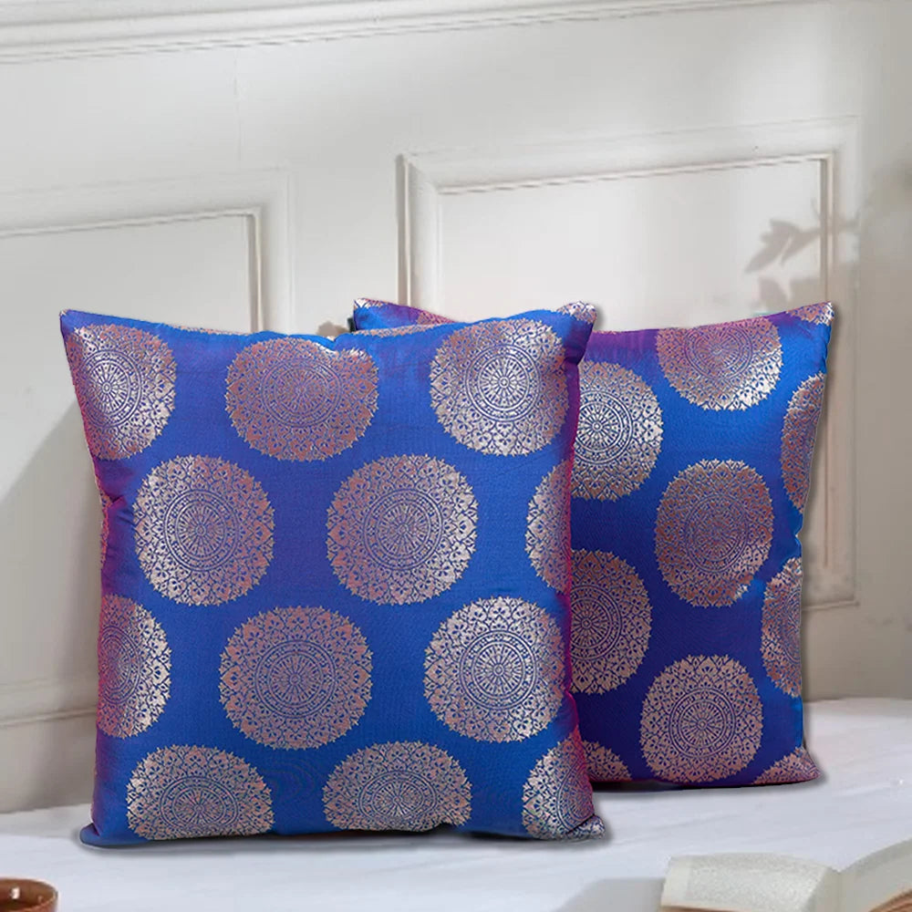 BYFT Orchard Cushion Cover 40 x 40 cm (Golden Brocade Nick Blue) 16 x 16 inch Luxury Decorative Cushion Cover for Sofa, Bed & Living Room - Set of 02