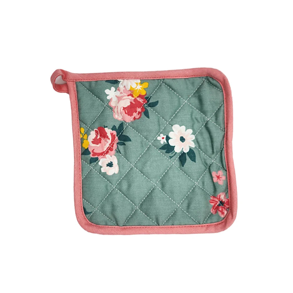 BYFT Orchard Cotton Gloves & Pot Holder Set - Green & Pink Floral Heat Resistant