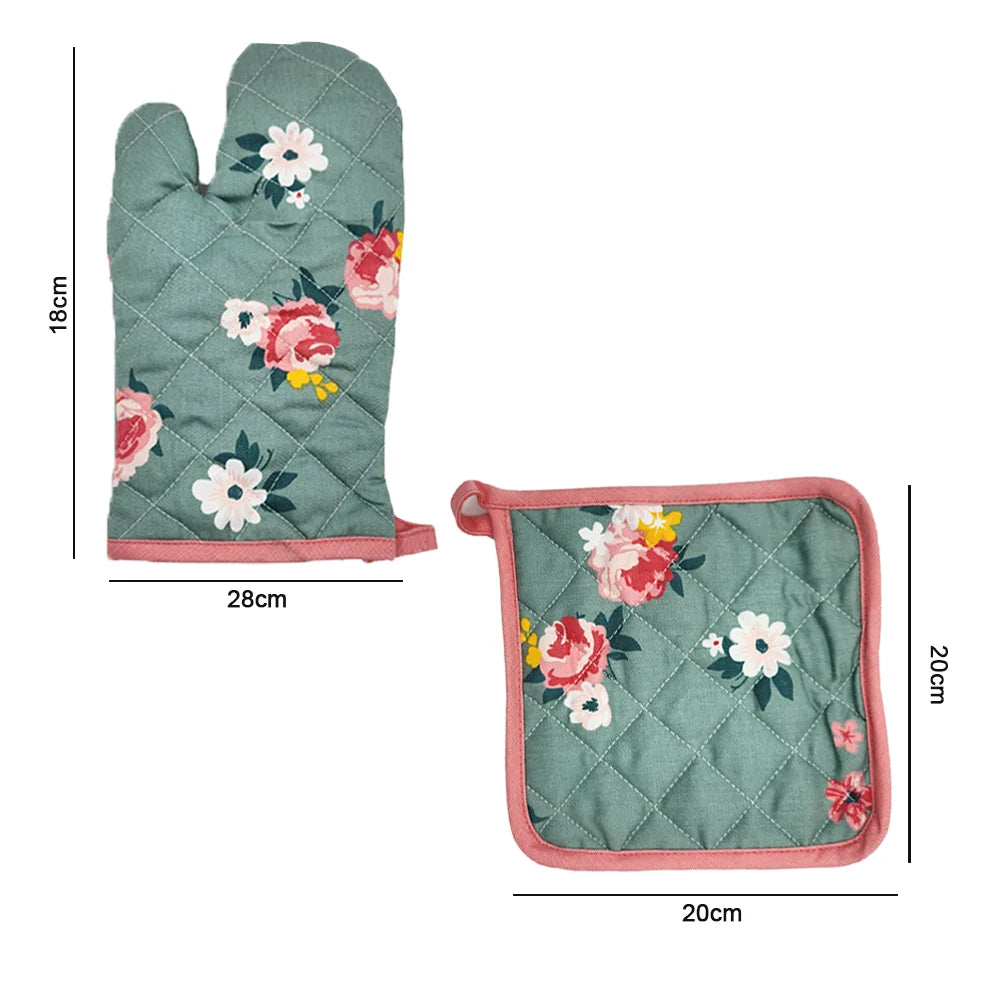 BYFT Orchard Cotton Gloves & Pot Holder Set - Green & Pink Floral Heat Resistant