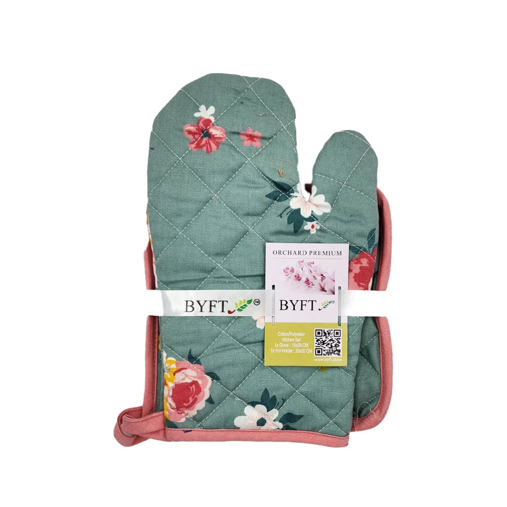 BYFT Orchard Cotton Gloves & Pot Holder Set - Green & Pink Floral Heat Resistant