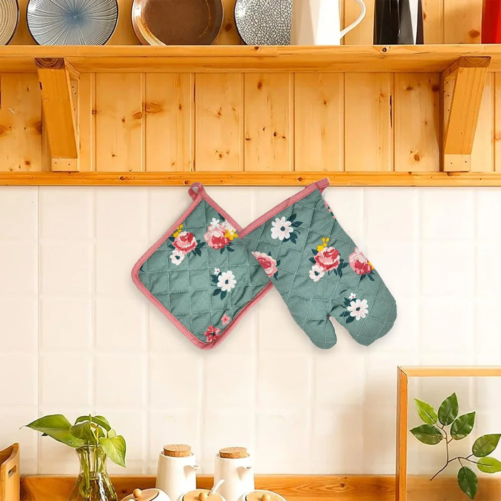 BYFT Orchard Cotton Gloves & Pot Holder Set - Green & Pink Floral Heat Resistant