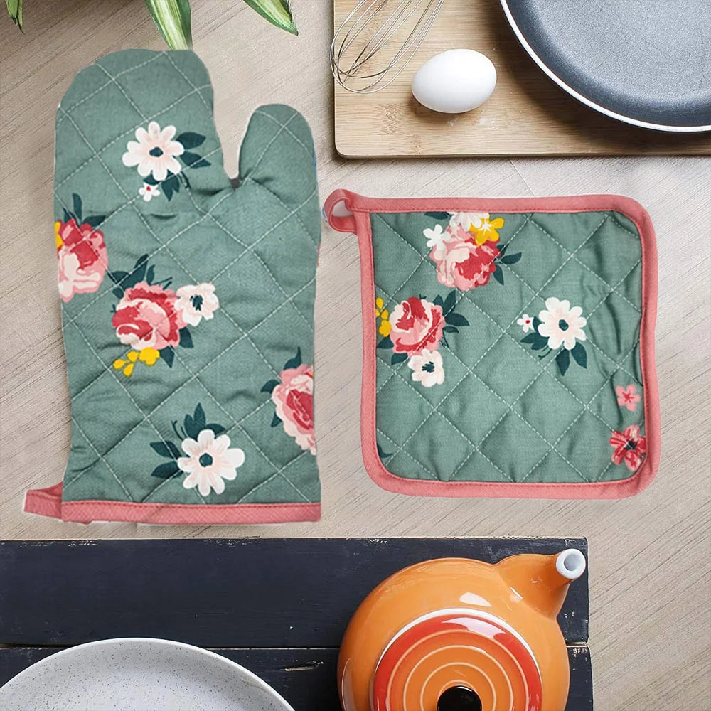 BYFT Orchard Cotton Gloves & Pot Holder Set - Green & Pink Floral Heat Resistant