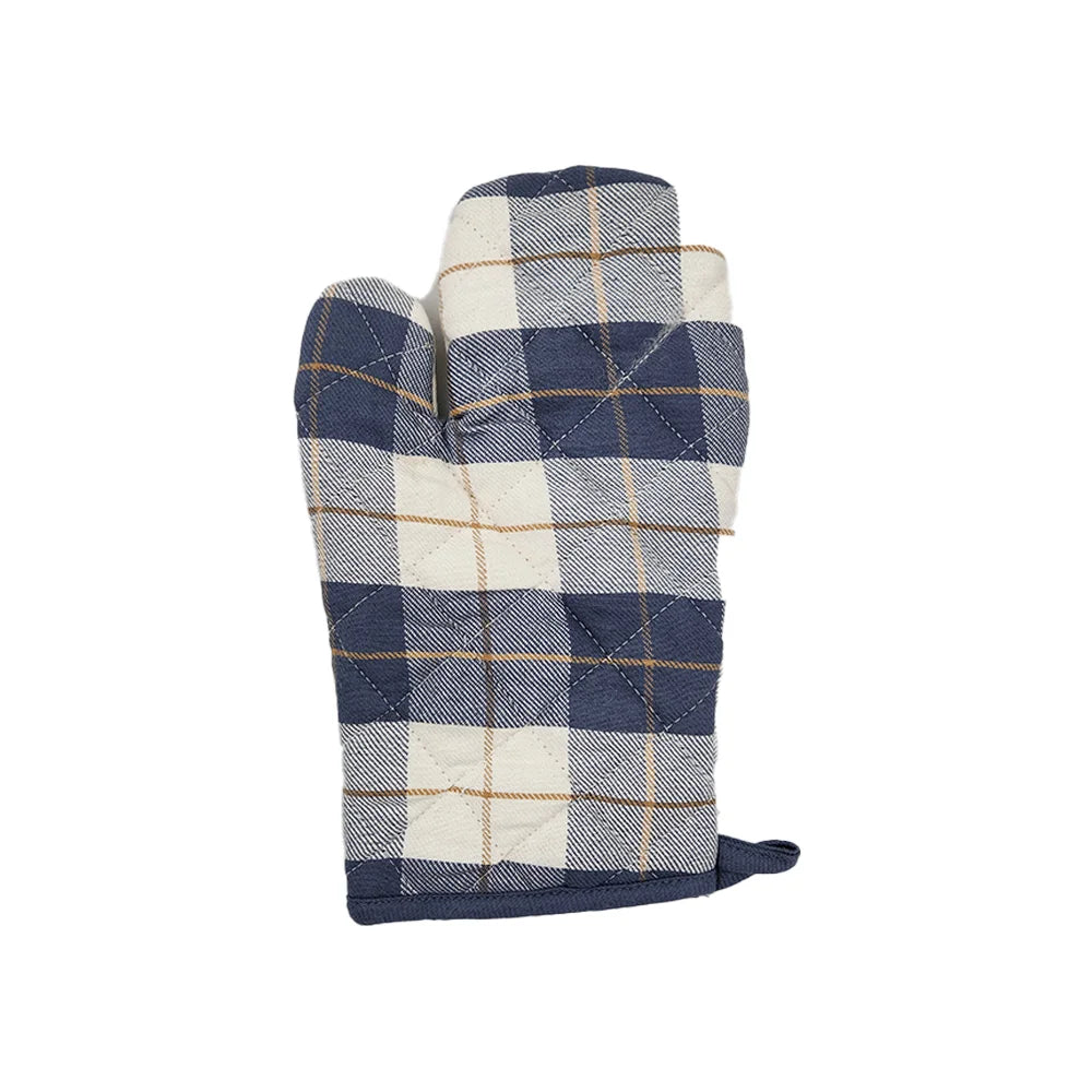 BYFT Orchard Cotton Gloves & Pot Holder Set - Navy Blue & Caramel Checks Heat Resistant