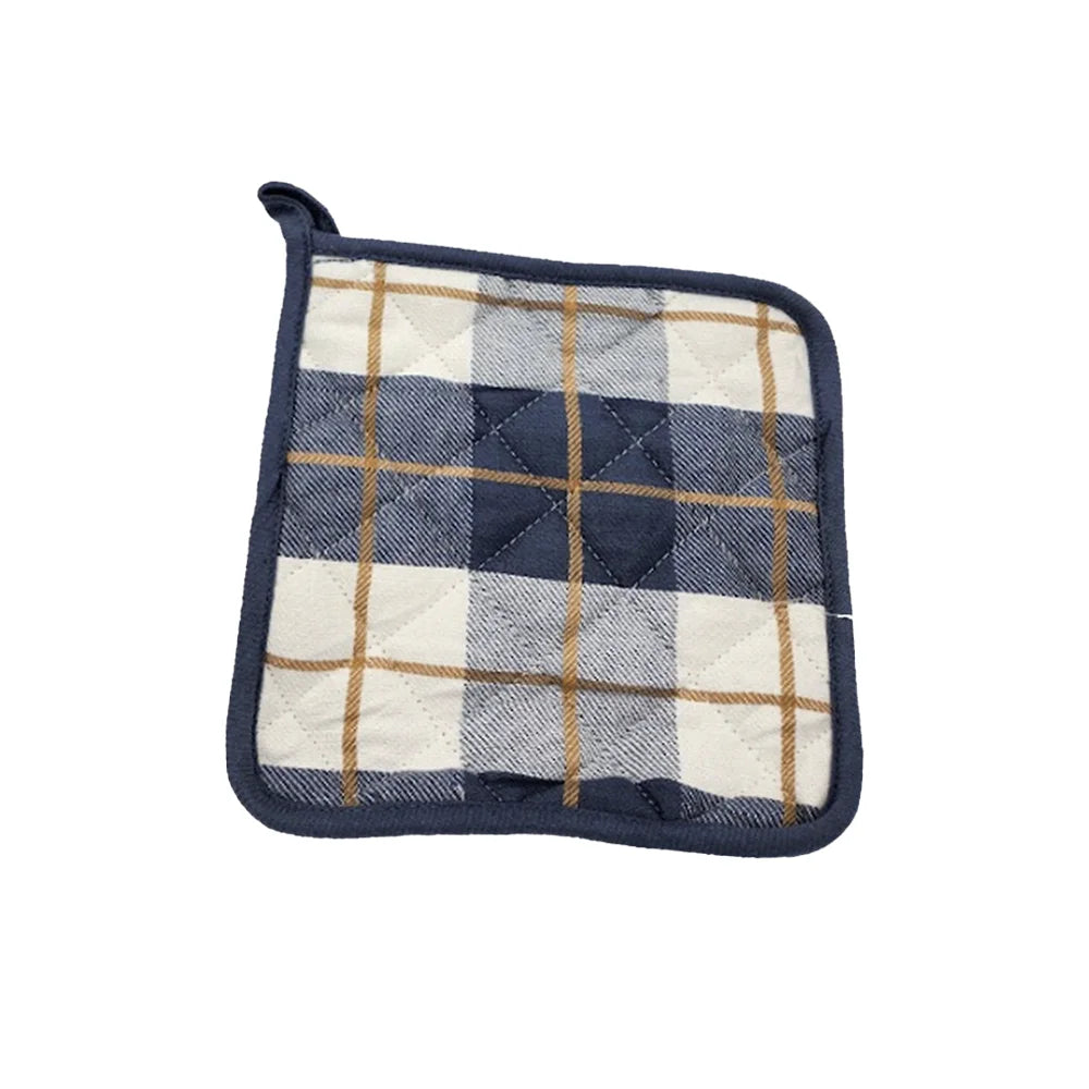 BYFT Orchard Cotton Gloves & Pot Holder Set - Navy Blue & Caramel Checks Heat Resistant
