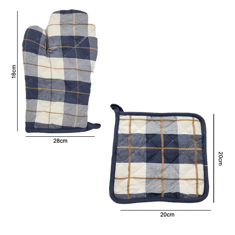 BYFT Orchard Cotton Gloves & Pot Holder Set - Navy Blue & Caramel Checks Heat Resistant